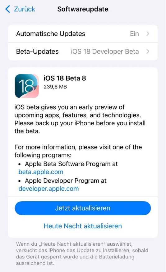 麟游苹果手机维修分享苹果 iOS / iPadOS 18 开发者预览版 Beta 8 发布 